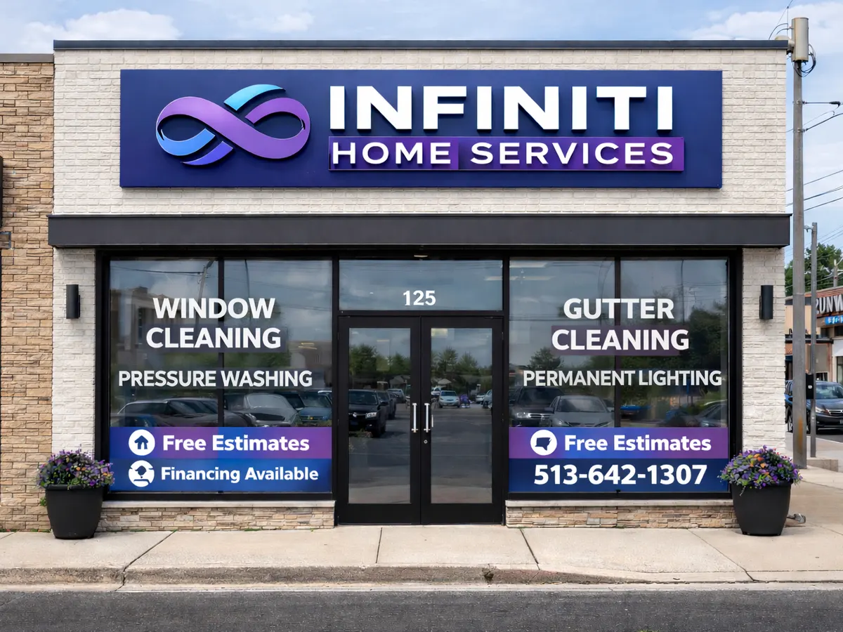 Infiniti Home Services storefront in Loveland with window cleaning and gutter cleaning signage