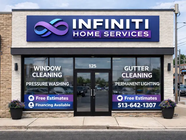 Infiniti Home Services storefront with window cleaning and gutter cleaning signage
