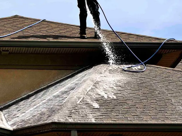 Soft-wash solution applied to an asphalt shingle roof